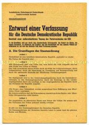 Broschüre mit dem Beschluss der außerordentlichen Tagung des Parteivorstandes der SED zum Entwurf einer Verfassung