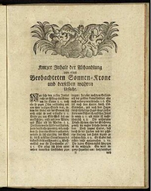 Kurzer Inhalt der Abhandlung von einer beobachteten Sonnen-Krone und derselben wahren Ursache.
