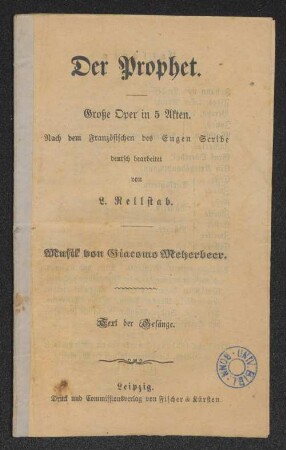 Der Prophet : Große Oper in 5 Akten ; Text der Gesänge