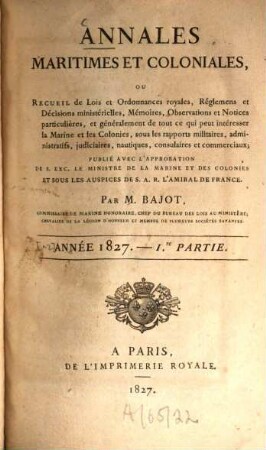 Annales maritimes et coloniales. Partie 1. [12.] 1827