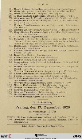 IV. Auktionstag: Freitag, den 17. Dezember 1920 (Nr. 1278-1719)