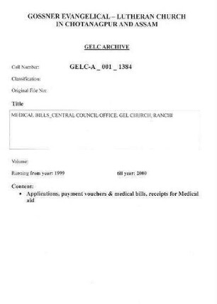 MEDICAL BILLS CENTRAL COUNCIL OFFICE, GEL CHURCH RANCHI