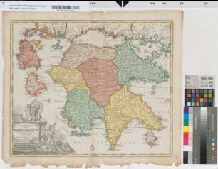 Peloponnes (Morea), Topographie und Territorien: Peloponesus hodie Moreae Regnum in omnes suas provincias veteres et hodiernas accurate divisum. Editore Ioh. Bapt. Homanno S.C.M. Geographo Noribergae Cum Privilegio Sac. Caes. Maj.