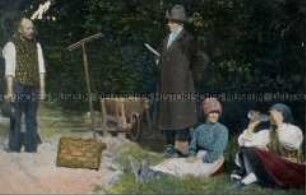 Paare in russisch-polnischer Volkstracht bei der Rast von der Feldarbeit (zweisprachig)
