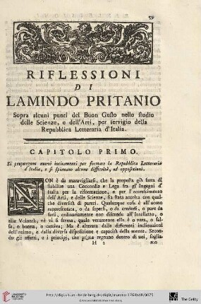 Riflessioni di Lamindo Pritanio. Spra alcuni punti del Buon Gusto nello studio delle Scienze, e dell'Arti, per fervigio della Repubblica Letteraria d'Italia
