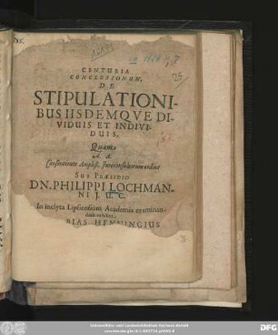Centuria Conclusionum, De Stipulationibus Iisdemque Dividuis Et Individuis