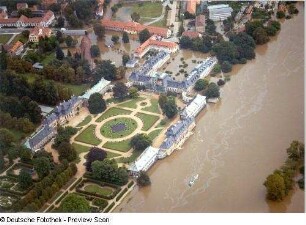 Dresden-Pillnitz. Schloß Pillnitz und nordwestliche Spitze der Pillnitzer Elbinsel. Luftbild-Schrägaufnahme von Westen