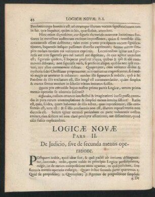 Logicae Novae Pars II. De Iudicio, sive de secunda mentis operatione.