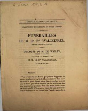 Funérailles de M. le Bon Walckenaer. Discours de M. de Wailly ... : le jeudi 29 avril 1852