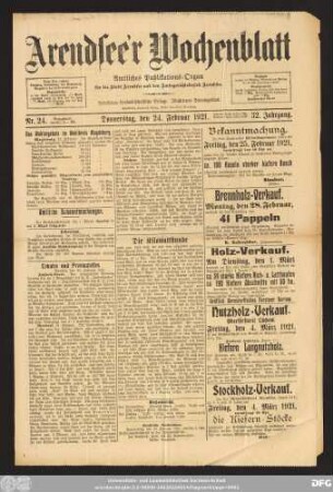 Arendsee'r Wochenblatt, Nr. 24. Donnerstag, den 24. Februar 1921.