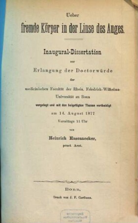 Ueber fremde Körper in der Linse des Auges : Inaug.-Dissertation