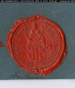 Siegler: Warendorf, Bäcker-Zunft Überlieferungsart: Abdruck. Stoff: Lack Farbe: rot Form: rund. Durchmesser: 39 mm