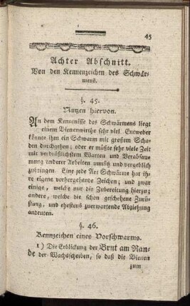 Achter Abschnitt. Von der Kennzeichen des Schwärmens. §. 45 - 50.