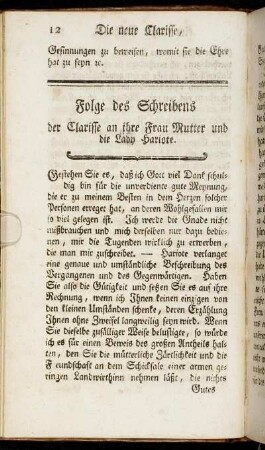 Folge des Schreibens der Clarisse an ihre Frau Mutter und die Lady Hariote. - Antwort der Lady Hariote an Clarissen.