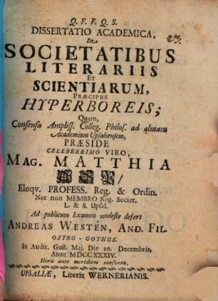 Dissertatio academica, de societatibus literariis et scientiarum, praecipue Hyperboreis