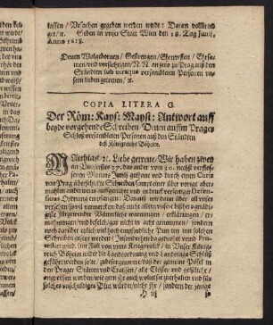 H3r-H4r, Copia Litera G. Der Römisch Kayserliche Mayestät Antwort auff beyde vorgehende Schreiben...