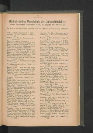 Alphabetisches Verzeichnis der Universitätslehrer, welche Vorlesungen angekündigt haben, mit Angabe ihrer Wohnungen.