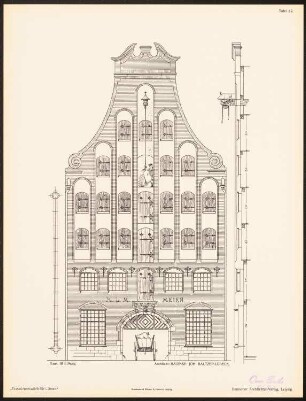 Fassadenentwürfe für Lübeck Das Ergebnis d. Wettbewerbes, ausgeschrieben d. d. Verein von Kunstfreunden zu Lübeck, bearb. v. Richard Landé, Leipzig 1901: Ansicht, Fassadenschnitt vertikal