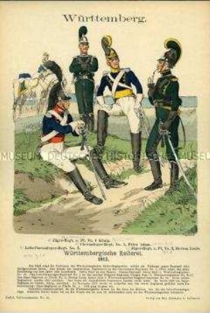 Uniformdarstellung, Gemeine der Jäger-Regimenter zu Pferde und der Chevauleger-Regimenter, Königreich Württemberg, 1812.