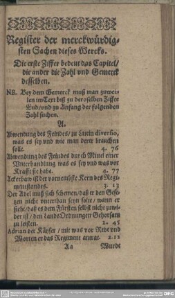 Register der merckwürdigsten Sachen dieses Wercks