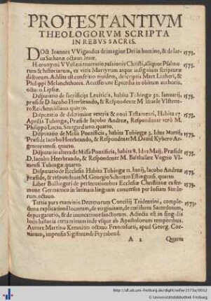 Protestantivm Theologorvm Scripta In Rebvs Sacris.