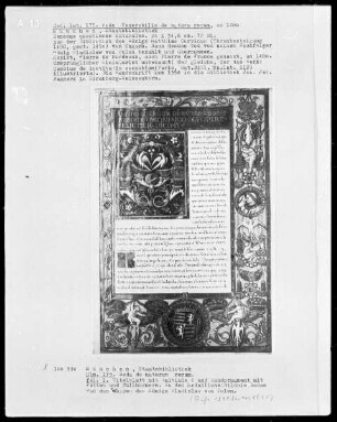 Beda Venerabilis, De Natura Rerum — Titelblatt mit Initiale O und randornament mit Putten und Füllhörnern, und in den Medaillons ein Bildnis Bedas und das Wappen des Königs Wladislaw von Polen, Folio 1recto