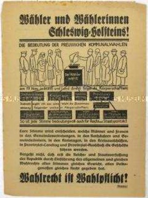 Aufruf zu den Stadtverordneten-, Kreis- und Provinziallandtagswahlen in Schleswig-Holstein 1929