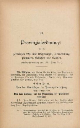 III. Provinzialordnung für die Provinzen Ost- und Westpreußen, Brandenburg, Pommern, Schlesien und Sachsen