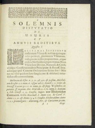 Solemnis Disputatio De Usuris Et Annuis Reditibus.