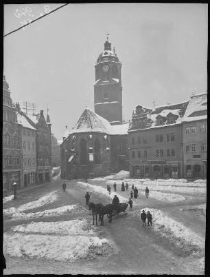 Meißen. Frauenkirche und Markt mit Pferdeschlitten im Winter