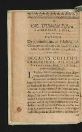 Sacrorum Liber Secundus. Carmen De gloriosissima ac saluberrima Christi ...