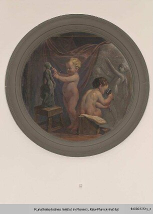 Deckenfresko mit Allegorien der Musen : Tondi mit Allegorien der Malerei und Skulptur