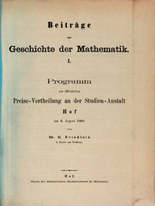 Programm zur öffentlichen Preise-Vertheilung an der Studienanstalt Hof, 1868