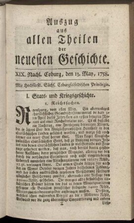 XIX. Nachl. Coburg, den 13. May, 1758.