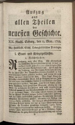 XIX. Nachl. Coburg, den 13. May, 1758.