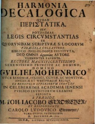 Harmonia Decalogica Qvoad Peristatika, Sev Potissimas Legis Circvmstantias : Ex Qvorvndam Scriptvræ S. Locorvm Parallela Collatione Biblico-Philologice Institvta, ...