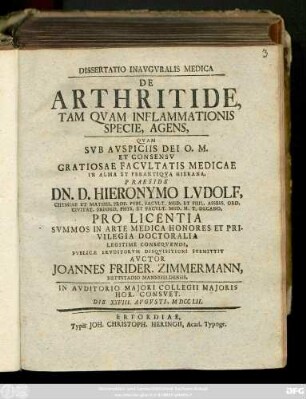 Dissertatio Inaugvralis Medica De Arthritide, Tam Qvam Inflammationis Specie, Agens