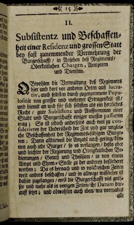 II. Subsistentz und Beschaffenheit einer Residenz und grossen Statt bey fast zunemmender Vermehrung der Burgerschafft / in Ansehen deß Regiments / Oberkeitlichen Chargen, Aemptern und Diensten.