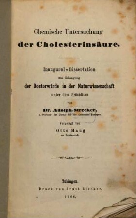 Chemische Untersuchung der Cholesterin-Säure : Inaug. Diss.