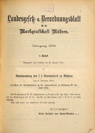Landes-Gesetz- und Verordnungsblatt für die Markgrafschaft Mähren. 1894