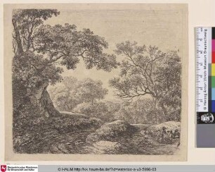 [Landschaft mit Jungen und ihren Hunden; Three boys and their dogs]