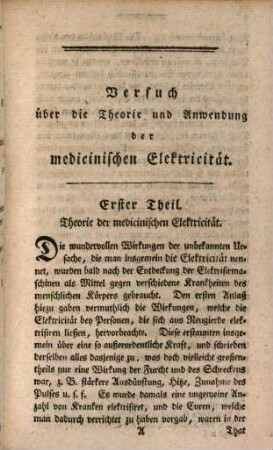 Versuch über die Theorie und Anwendung der medicinischen Elektricität : Nebst einer Kupfertafel