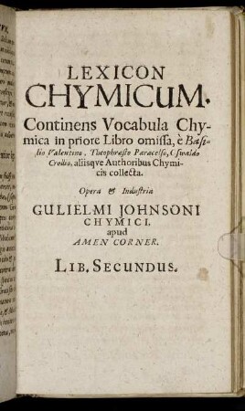 Lexicon Chymicum. Lib. Secundus