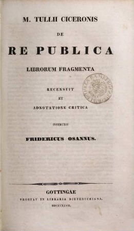 M. Tullii Ciceronis De re publica librorum fragmenta
