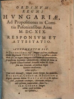 Responsum Ordinum regni Hungariae ad Propositiones in Comitiis Poloniensibus