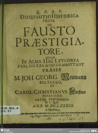 Disquisitio Historica Prior De Fausto Praestigiatore