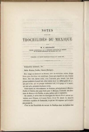 Notes Sur Les Trochilidés Du Mexique