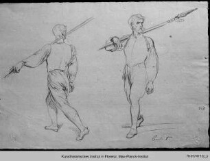 Vorder- und Rückenansicht eines Mannes mit geschulterter Lanze (zu: Einzug Karl VIII. in Florenz)