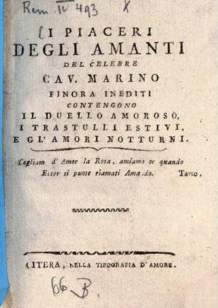 I piaceri degli amanti del cèlebre cav. Giov. Battista Marino : finora inediti