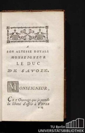 A Son Altesse Royale Monseigneur Le Duc De Savoie.
